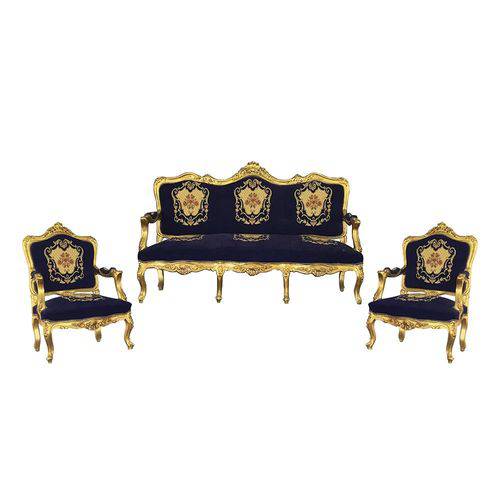 Jogo de Sofá Azul Luis XV 2 Poltronas Folheado a Ouro