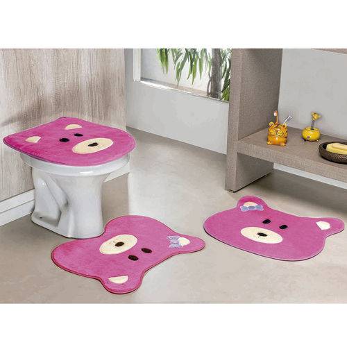 Jogo de Tapete de Banheiro 3 Peças Formato Ursa Pink