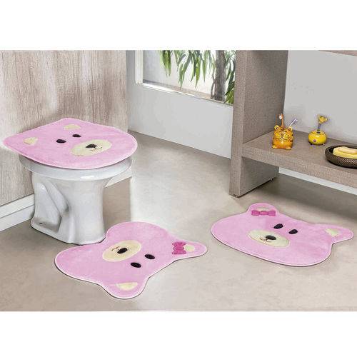 Jogo de Tapete de Banheiro 3 Peças Formato Ursa Rosa