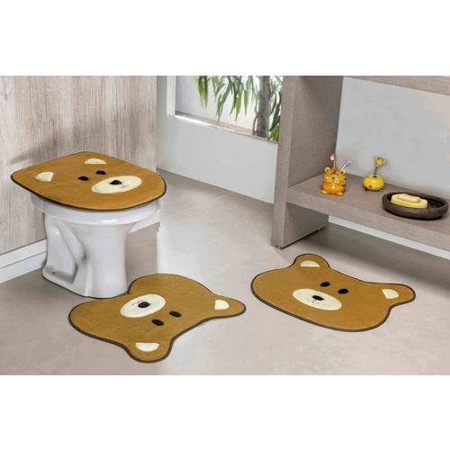 Jogo de Tapete de Banheiro Urso 3 Peças Bordado de Pelúcia Caramelo
