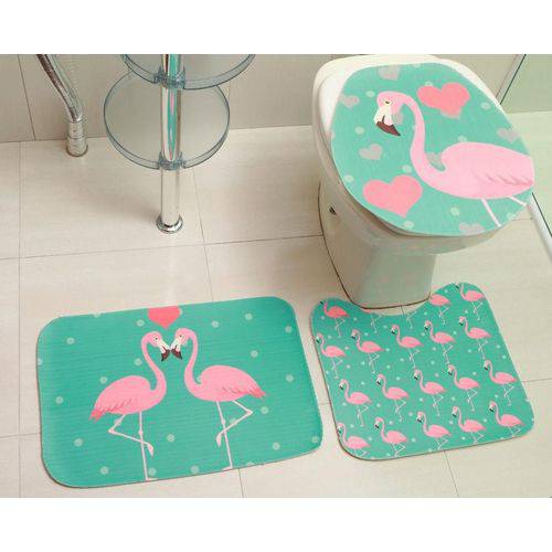 Jogo de Tapete para Banheiro 3 Peças Decore Flamingo Verde
