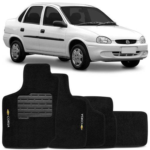 Jogo de Tapetes Carpete Preto com Bordado e Trava - Corsa Hatch Sedan 2002 a 2012 - 5 Pçs
