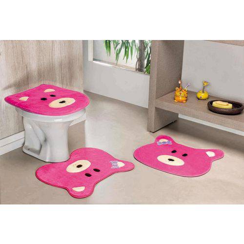 Jogo de Tapetes de Banheiro Formato Ursa Pink 3 Peças