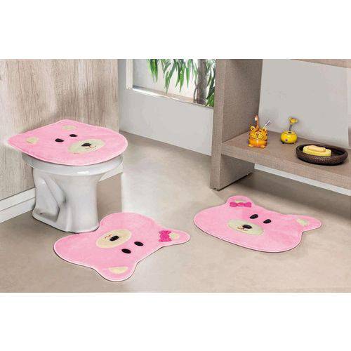 Jogo de Tapetes de Banheiro Formato Ursa Rosa 3 Peças