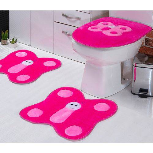 Jogo de Tapetes Infantil Banheiro Borboleta Pink 3 Peças