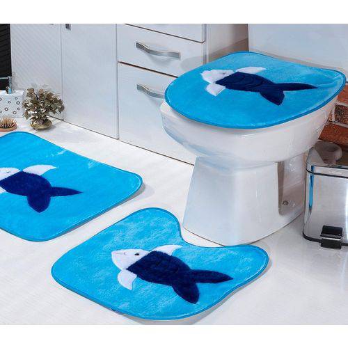Jogo de Tapetes Infantil Banheiro Peixe Azul Turquesa Padrão 3 Peças
