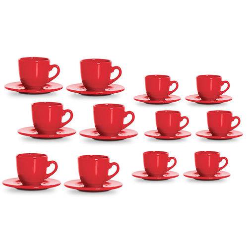 Jogo de Xícaras Café e Chá Pires Cerâmica Vermelha 12 Pçs