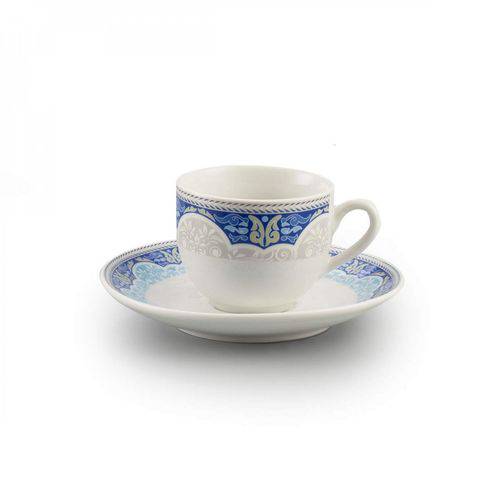 Jogo de Xícaras de Café com Pires Porcelana 12 Peças 80ml Perca Rojemac Branco/Azul