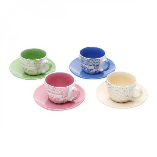 Jogo de Xícaras de Chá com Pires Porcelana 8 Peças 200ml Times Rojemac Colorido