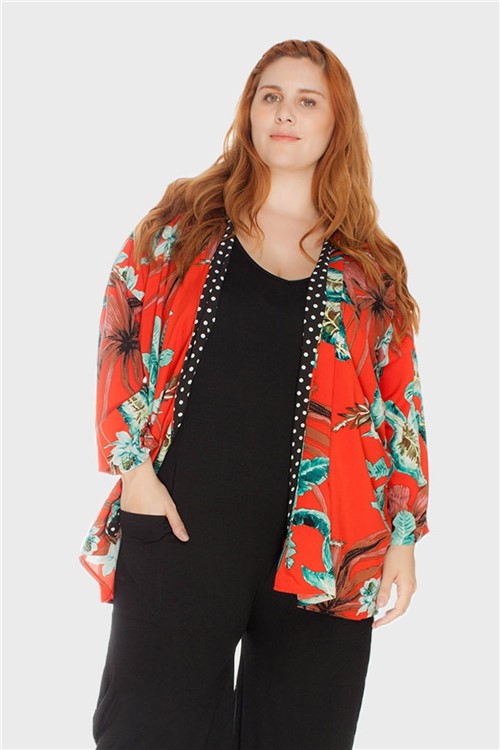 Kimono Folhagens Plus Size Vermelho-Único