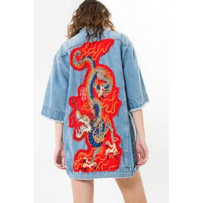 Kimono Jaqueta Longo Bordado Jeans - P