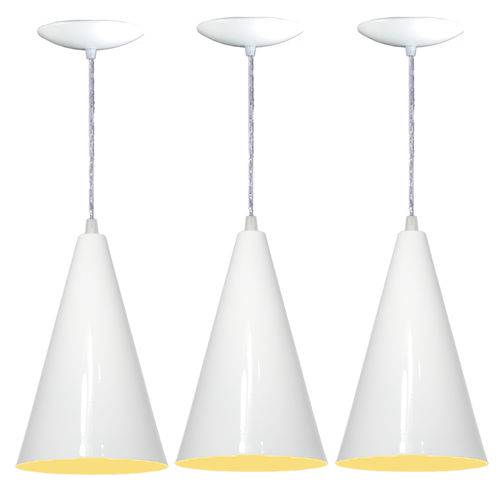 Kit 03 Luminárias Pendente Cone em Alumínio-Branco e Amarelo
