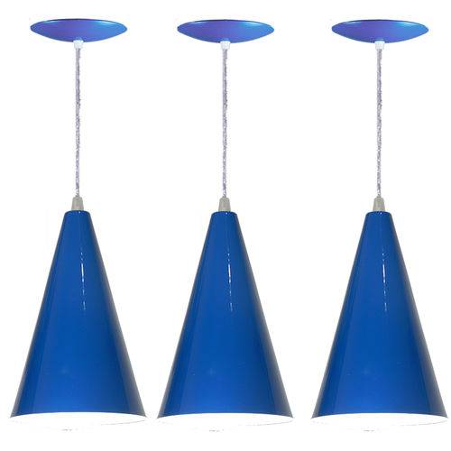 Kit 03 Luminárias Pendente Cone em Alumínio - Cor Azul