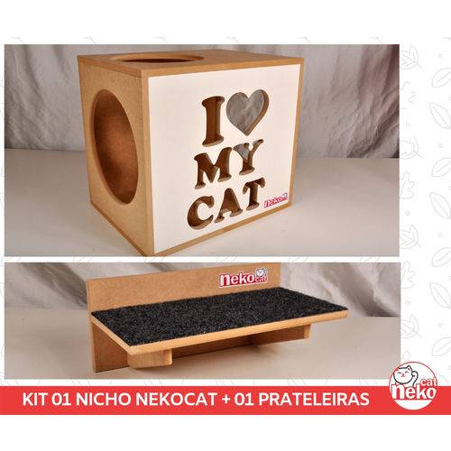 Kit 01 Nichos Gatos + 01 Prateleira Arranhador Mdf Cru – Frente Branca Sit Cat - Cj