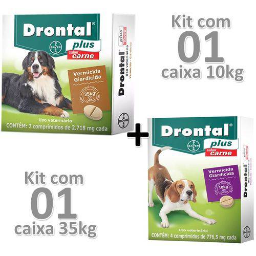 Kit 01cx Drontal Plus Carne Cães 35kg + 01cx Cães 10kg
