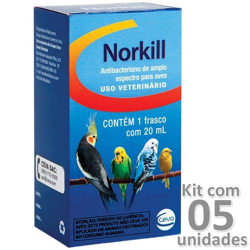 Kit 05un Norkill para Aves Antibacteriano Ceva Pet 20ml