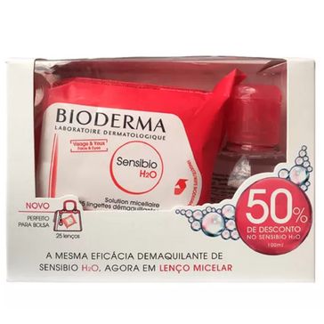 Kit 1 Bioderma Sensibio H2O Lenço Micelar Dermatológico + 1 Sensibio H2O 100ml 50% de Desconto