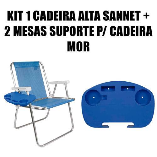 Kit 1 Cadeira Alta Sannet Alumínio + 2 Mesa Portátil para Cadeira de Praia