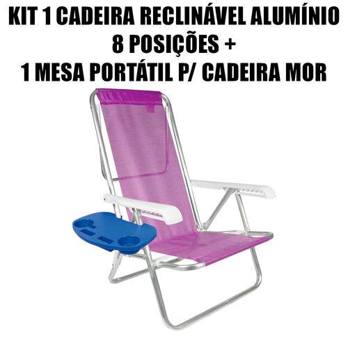 Kit 1 Cadeira Reclinável Alumínio 8 Posições + Mesa Portátil para Cadeira de Praia Mor