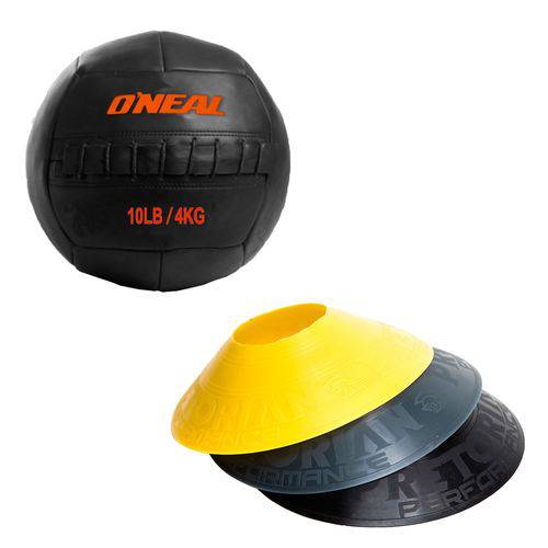 Kit 12 Half Cones Chapéu Chinês Pretorian Hc-pp + Bola de Couro Crossfit 4 Kg Oneal Wall Ball