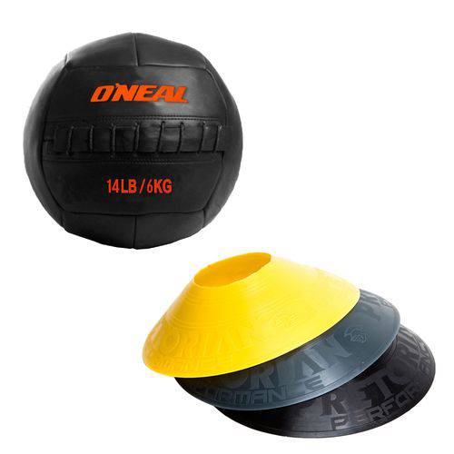 Kit 12 Half Cones Chapéu Chinês Pretorian Hc-pp + Bola de Couro Crossfit 6 Kg Oneal Wall Ball