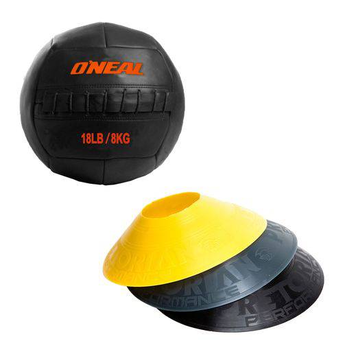 Kit 12 Half Cones Chapéu Chinês Pretorian Hc-pp + Bola de Couro Crossfit 8 Kg Oneal Wall Ball