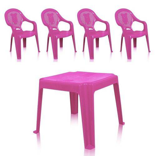 Kit 1 Mesa 45x45cm e 4 Cadeiras Decoradas Infantil Rosa