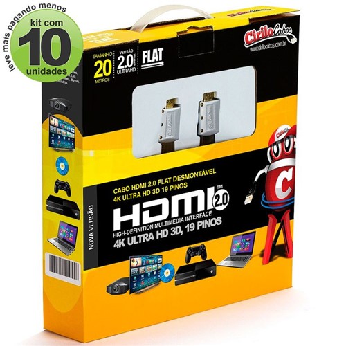 Kit 10 Cabos HDMI 2.0 Flat Desmontável,19 Pinos, 4K, Ultra HD, 3D, 20m