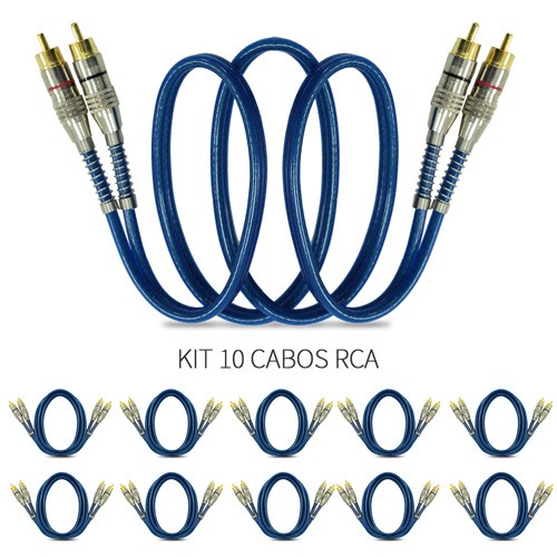 Kit 10 Cabos RCA Prime Azul Plug Metal