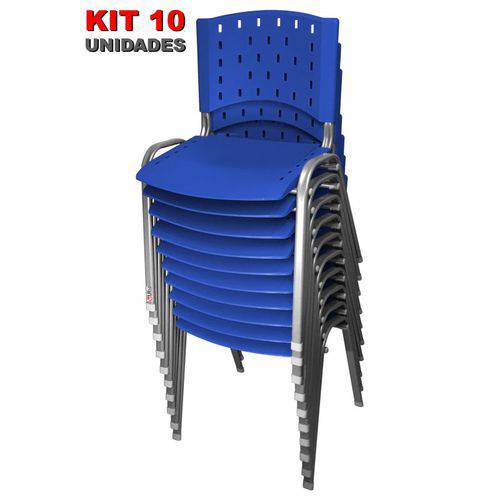 Kit 10 Cadeira de Plástico Empilhável AZUL Iso Polipropileno Base Prata - ULTRA Móveis