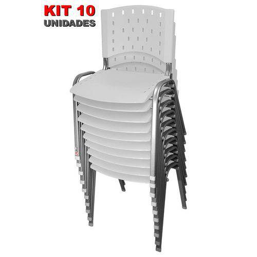 Kit 10 Cadeira de Plástico Empilhável BRANCA Iso Polipropileno Base Prata - ULTRA Móveis