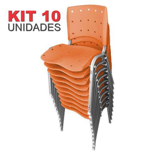 KIT 10 Cadeira Empilhável Ergonômica Ergoplax Estrutura Prata Assento Encosto Plástico Laranja