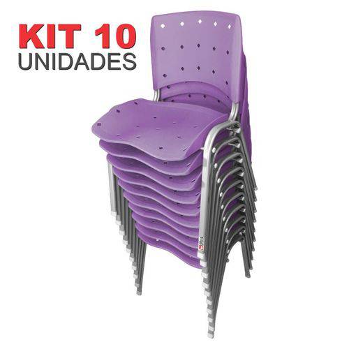 KIT 10 Cadeira Empilhável Ergonômica Ergoplax Estrutura Prata Assento Encosto Plástico Lilás