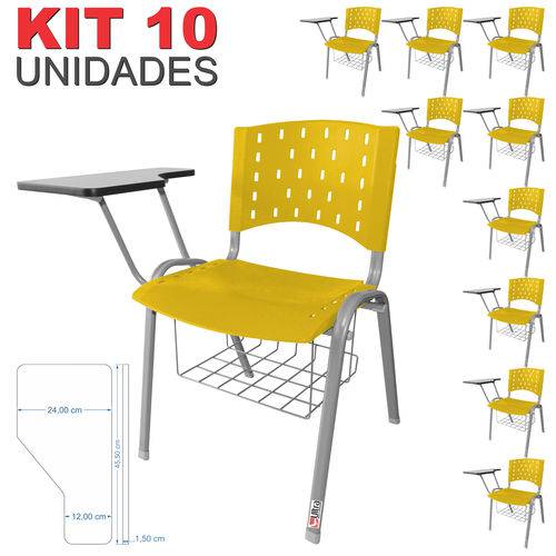 KIT 10 Cadeira Universitária AMARELA Estrutura Prata com Porta Livros - ULTRA Móveis