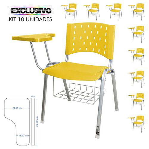 KIT 10 Cadeira Universitária AMARELA Estrutura Prata Prancheta Plástica com Porta Livros - ULTRA Móveis