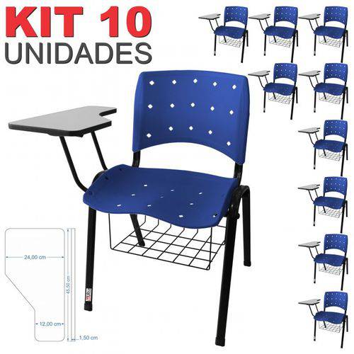 KIT 10 Cadeira Universitária AZUL Anatômica Ergoplax com Porta Livros - ULTRA Móveis