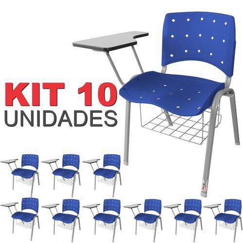 KIT 10 Cadeira Universitária AZUL Anatômica Ergoplax Estrutura Prata com Porta Livros - ULTRA Móveis