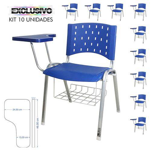 KIT 10 Cadeira Universitária AZUL Estrutura Prata Prancheta Plástica com Porta Livros - ULTRA Móveis