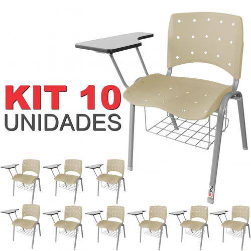 KIT 10 Cadeira Universitária BEGE Anatômica Ergoplax Estrutura Prata com Porta Livros - ULTRA Móveis