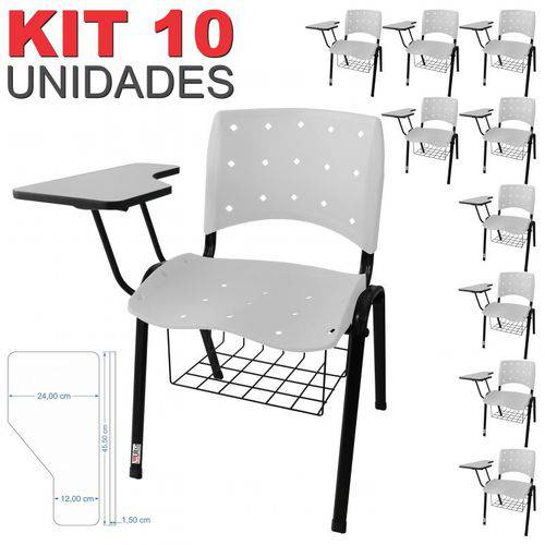 KIT 10 Cadeira Universitária BRANCA Anatômica Ergoplax com Porta Livros - ULTRA Móveis