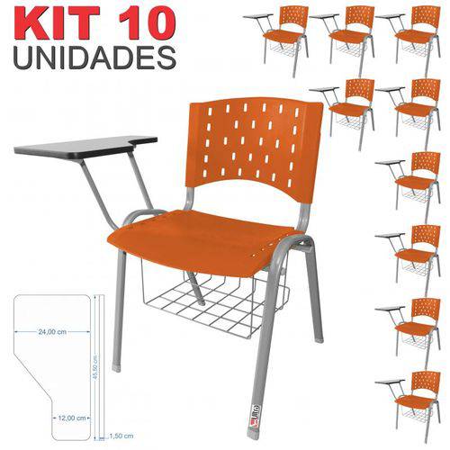 KIT 10 Cadeira Universitária LARANJA Estrutura Prata com Porta Livros - ULTRA Móveis