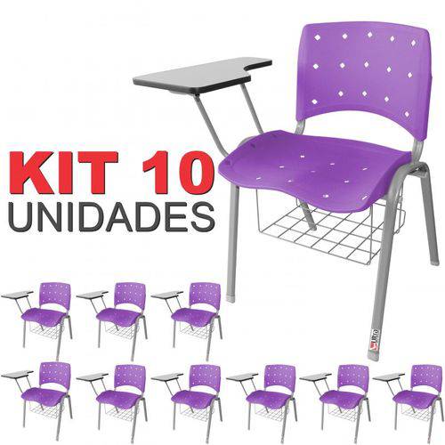 KIT 10 Cadeira Universitária LILÁS Anatômica Ergoplax Estrutura Prata com Porta Livros - ULTRA Móveis
