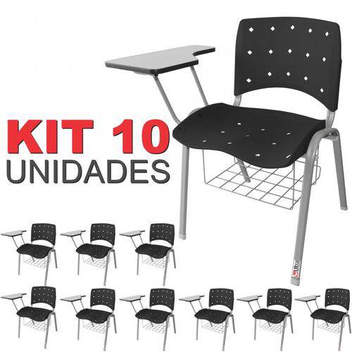 KIT 10 Cadeira Universitária PRETA Anatômica Ergoplax Estrutura Prata com Porta Livros - ULTRA Móveis