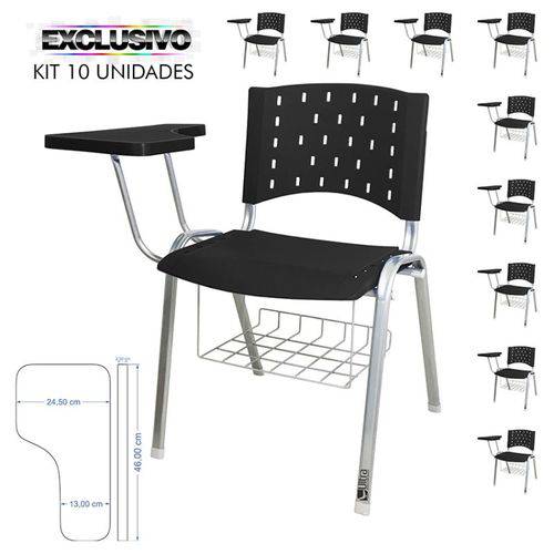 KIT 10 Cadeira Universitária PRETA Estrutura Prata Prancheta Plástica com Porta Livros - ULTRA Móveis