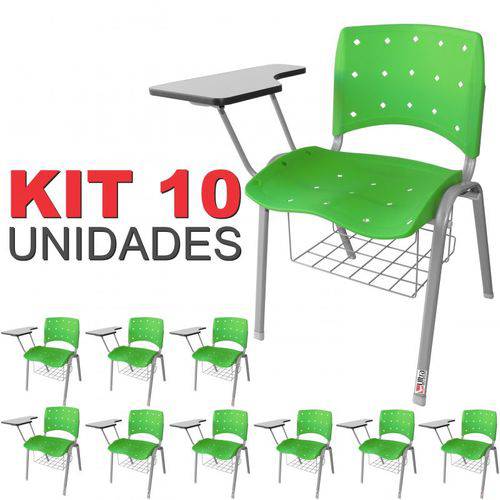 KIT 10 Cadeira Universitária VERDE Anatômica Ergoplax Estrutura Prata com Porta Livros - ULTRA Móveis