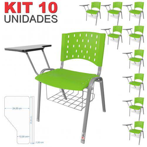 KIT 10 Cadeira Universitária VERDE Estrutura Prata com Porta Livros - ULTRA Móveis