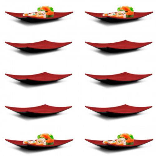 Kit 10 Pratos Retangulares 22cm para Comida Japonesa em Melamina/Plastico Vermelho Fuxing