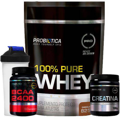 Kit 100% Pure Whey Protein 825g Refil + BCAA 2400 + Creatina + Shaker Probiótica