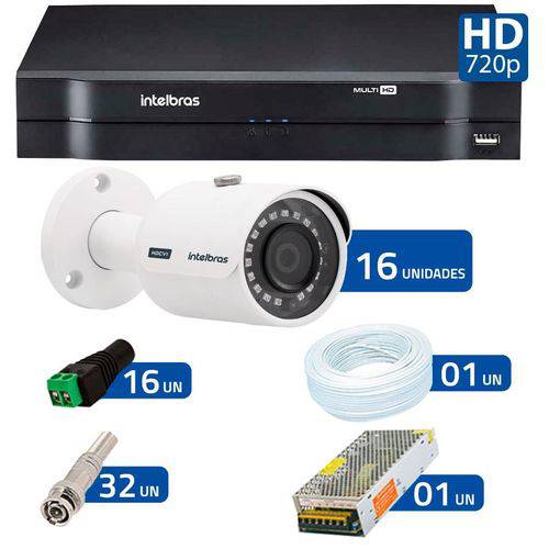 Kit 16 Câmeras de Segurança HD 720p Intelbras VHD 3130B G3 + DVR Intelbras Multi HD + Acessórios