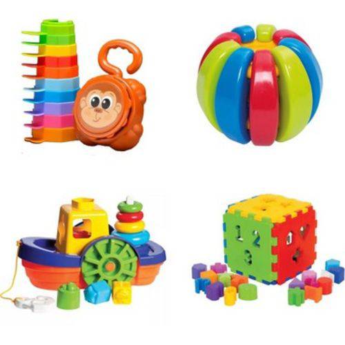 Kit 4 Brinquedos Didáticos P/ Bebes + 8, 9 e 12 Meses Cubo - Mercotoys